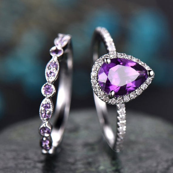 Boho Female Purple Water Drop Ring Set Fashion Plated Silver Love Engagement Amethyst Ring Vintage CZ Wedding Rings For Women
